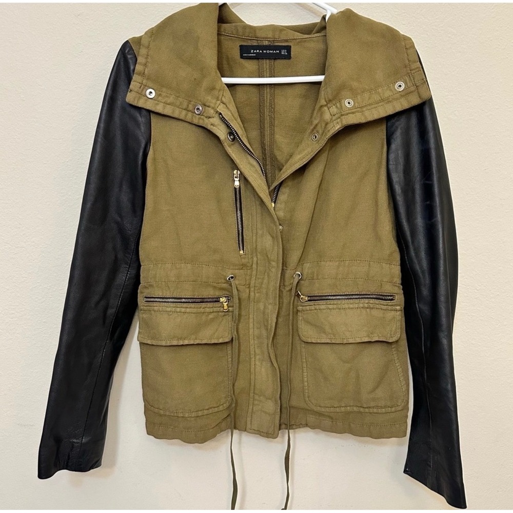 Zara Utility Military Linen Blend Jacket S Lamb Leather Sleeve Olive Black Moto